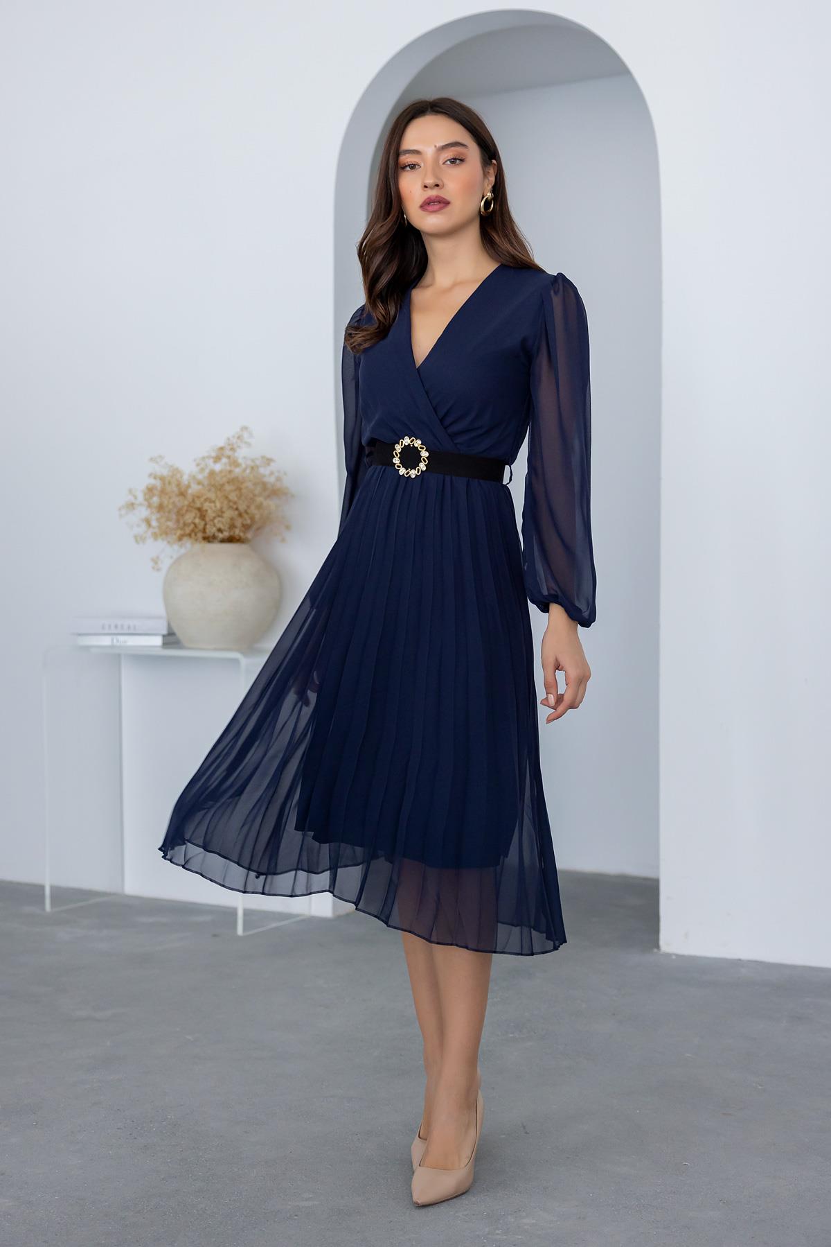 Chiffon Pleated Midi Dress - NAVY BLUE