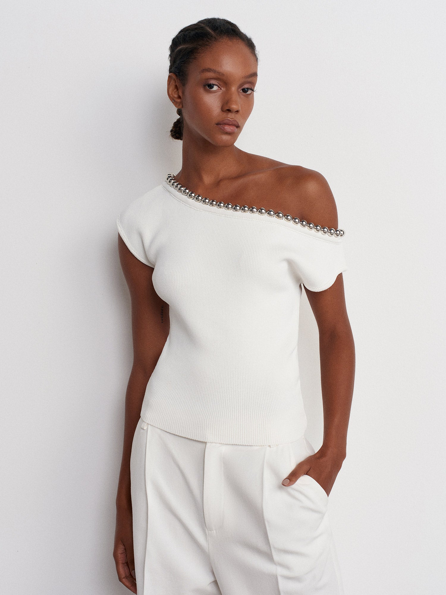 Offwhite Boat Neck Beaded Knit Blouse