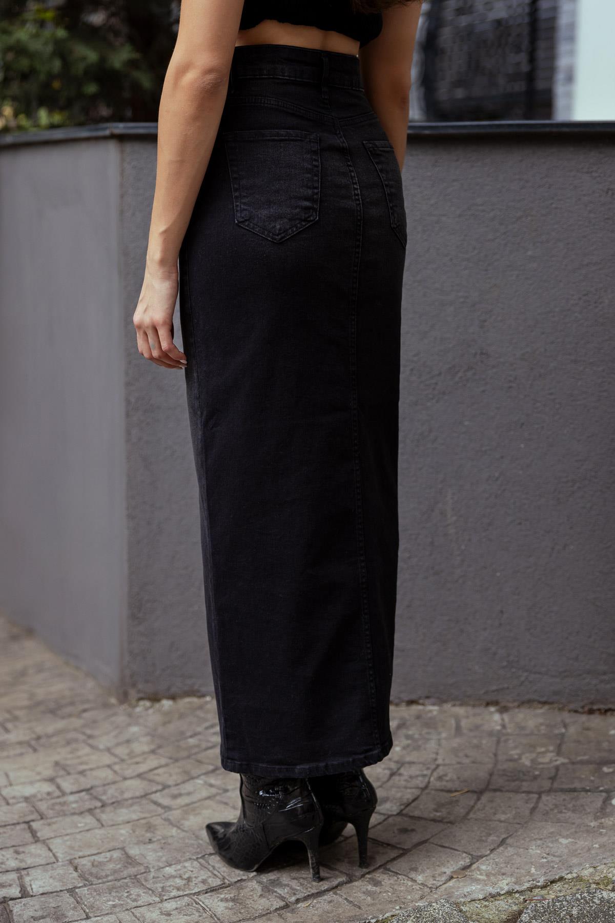 Long Denim Skirt - BLACK