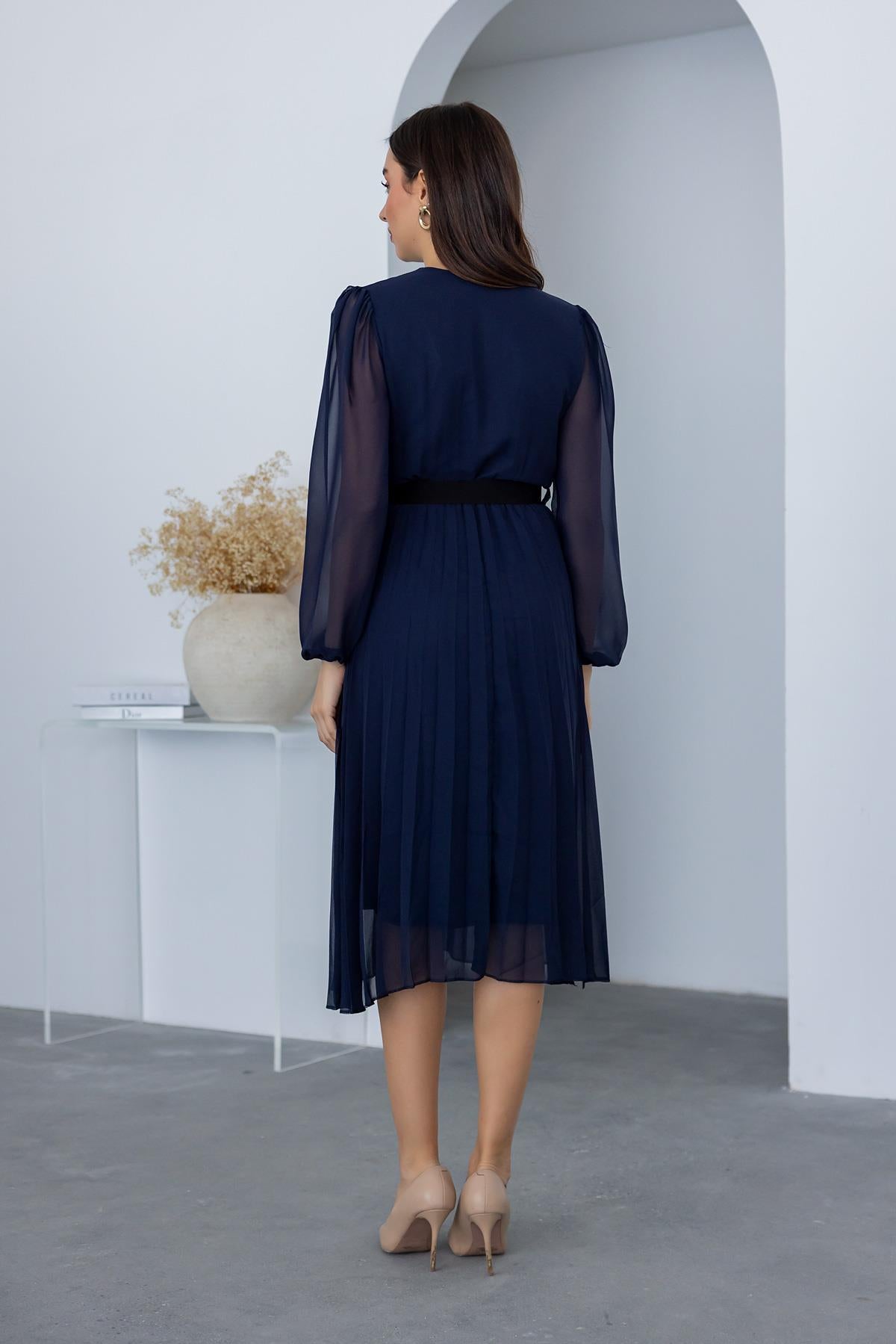 Chiffon Pleated Midi Dress - NAVY BLUE