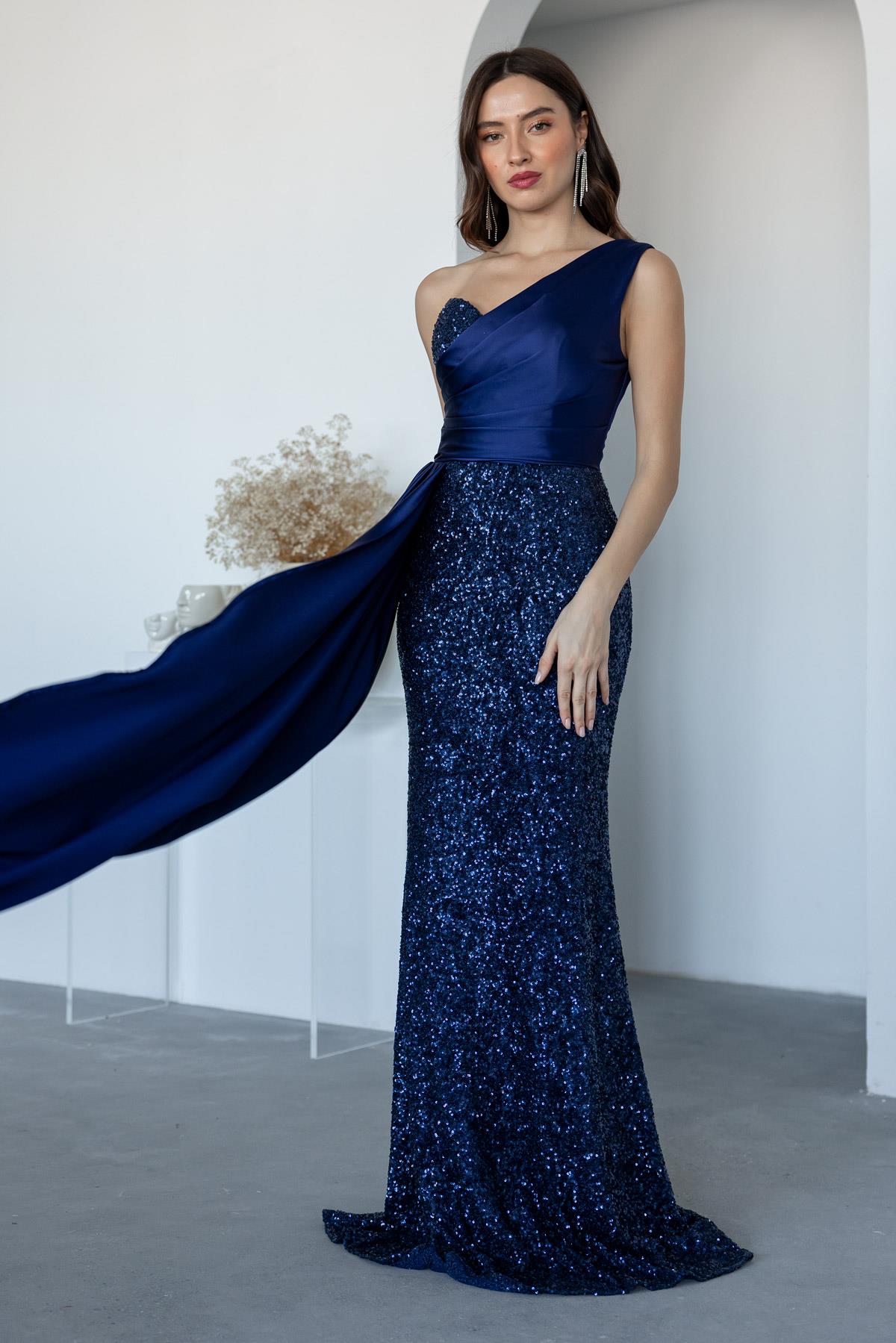 Sequined Satin Detail Evening Dress - NAVY BLUE