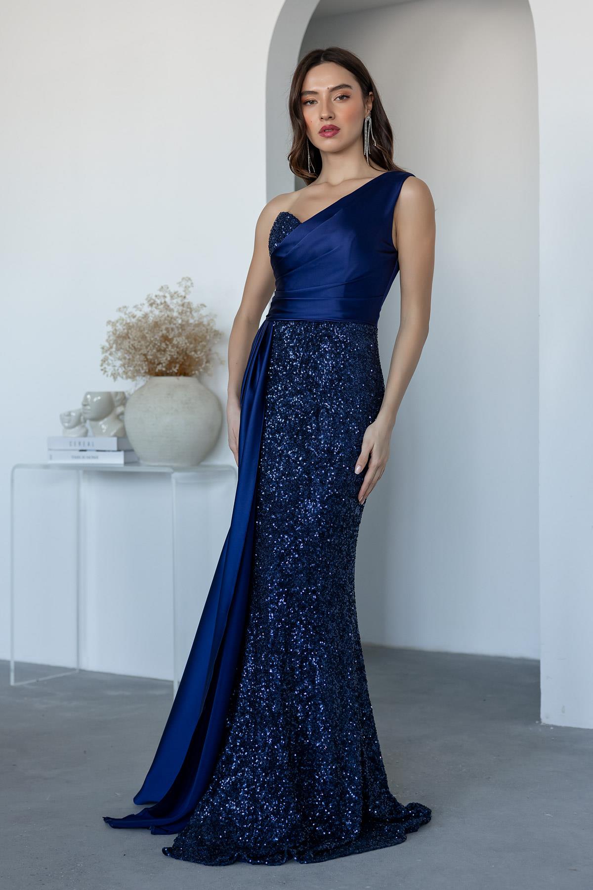 Sequined Satin Detail Evening Dress - NAVY BLUE