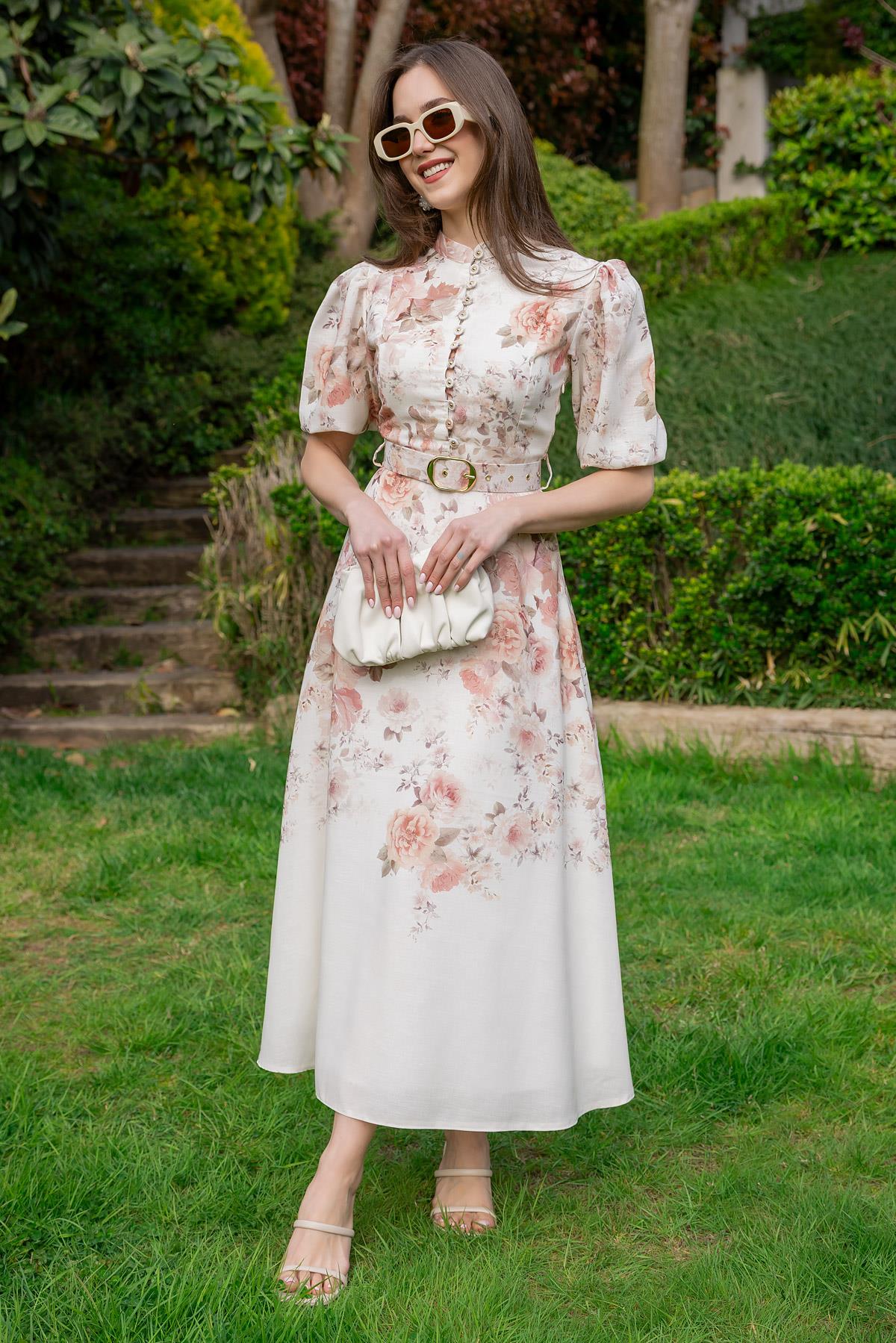 Flower Pattern Belted Dress - CREAM