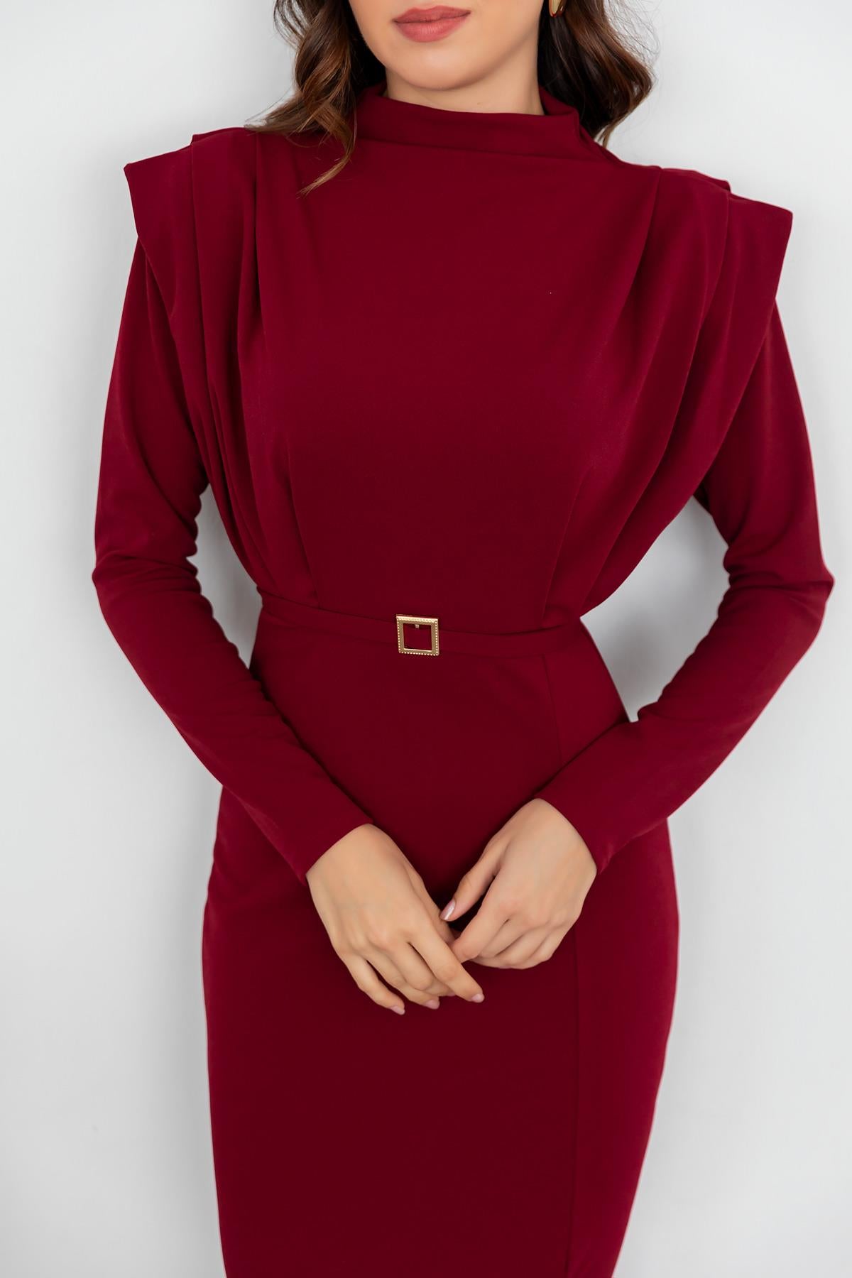 Shoulder Padded Belted Dress - CLARET RED