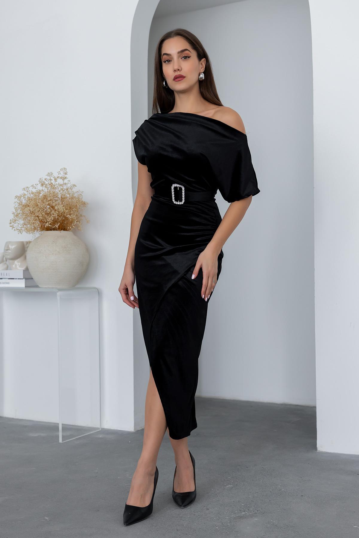 Belted Velvet Dress - BLACK