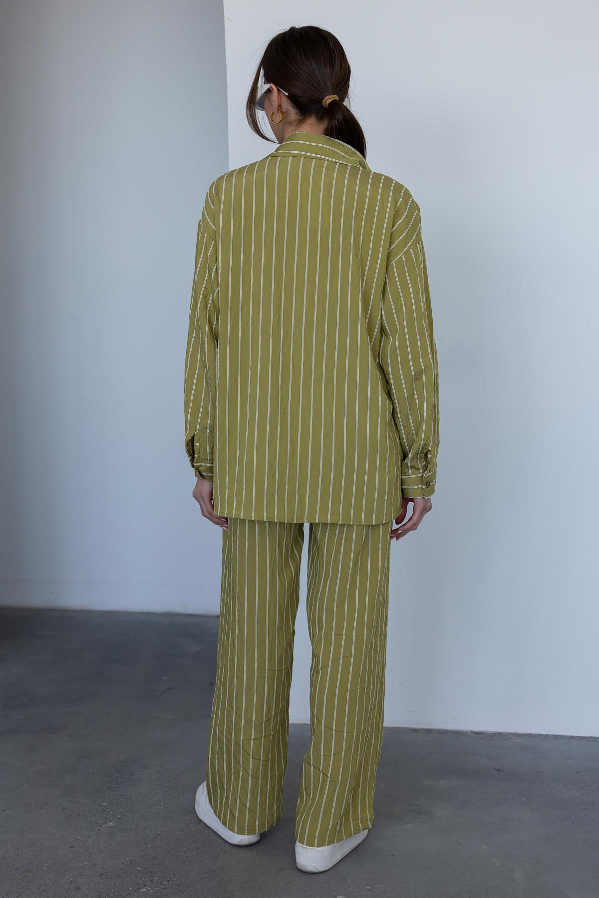 Dark Green Striped Suit - OIL GREEN