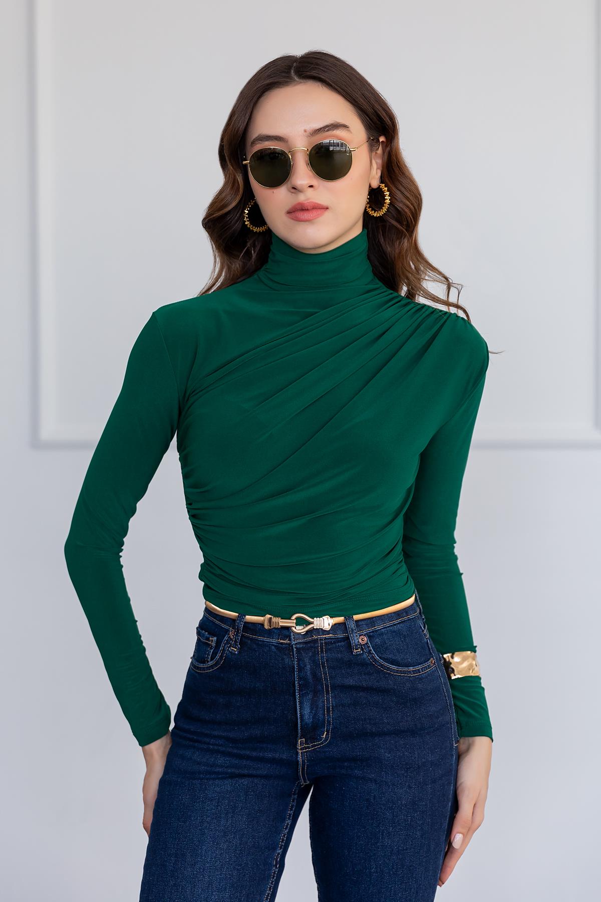 Draped Basic Blouse - EMERALD GREEN