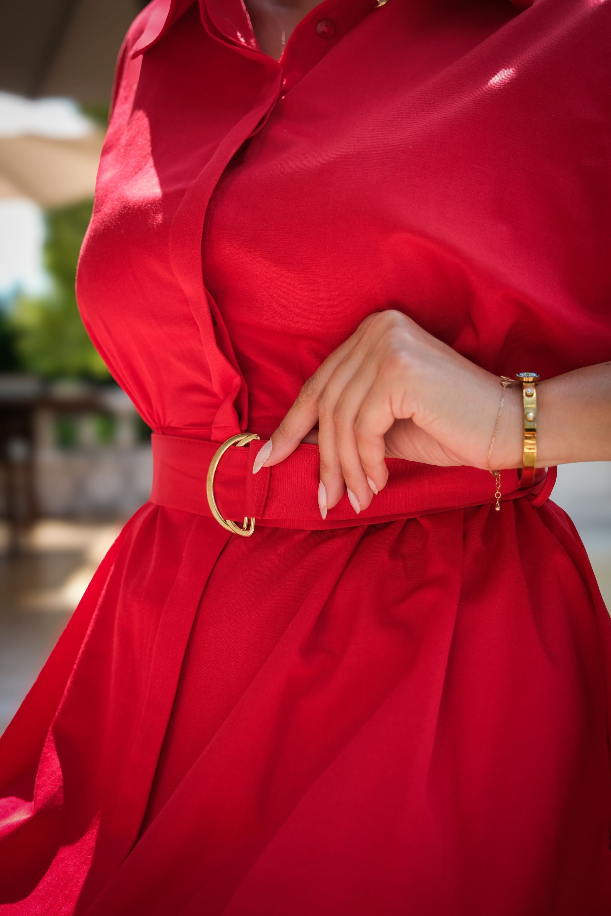 Short Sleeve Belted Dress Red