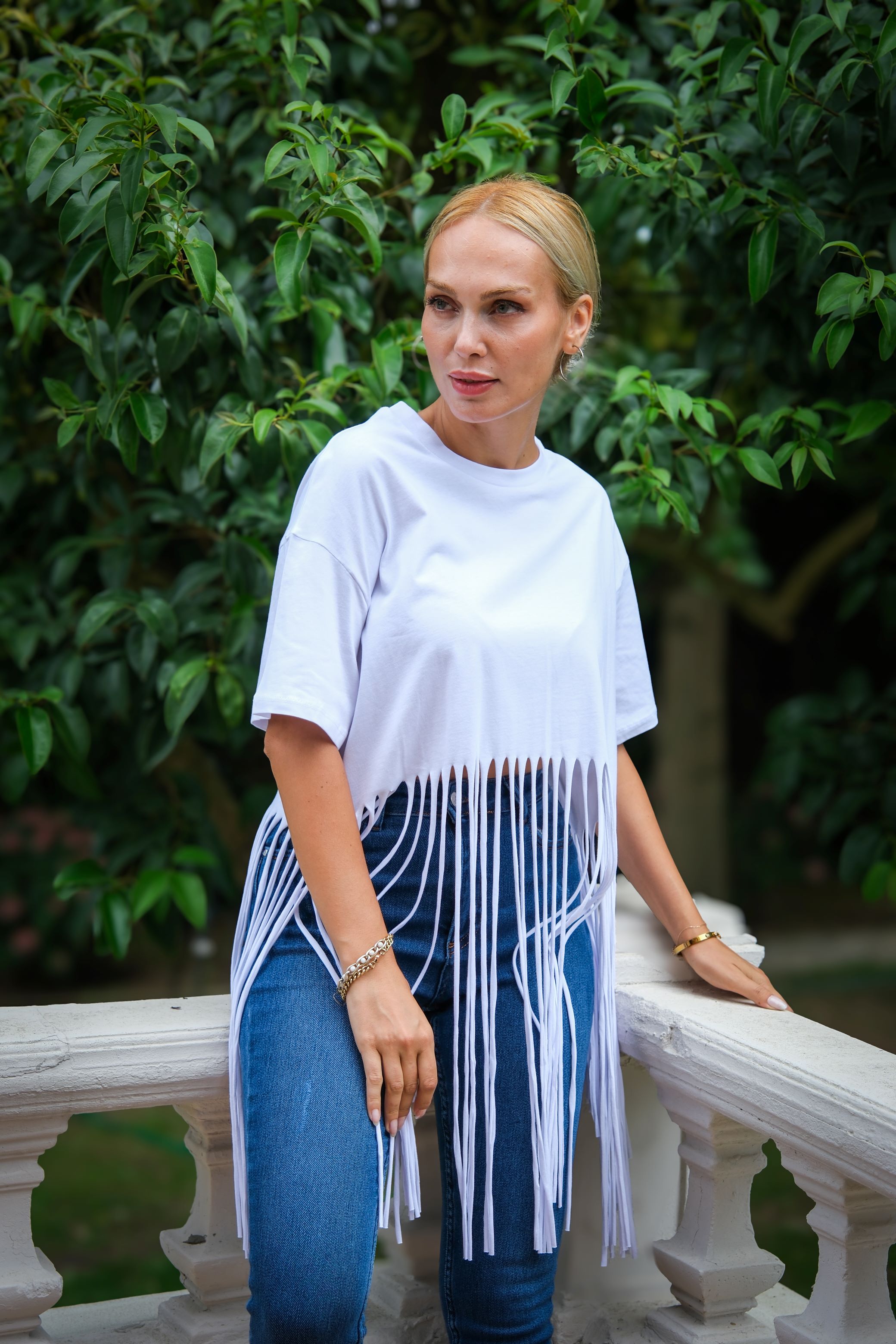 Tassel Crop T-Shirt Crew Neck White