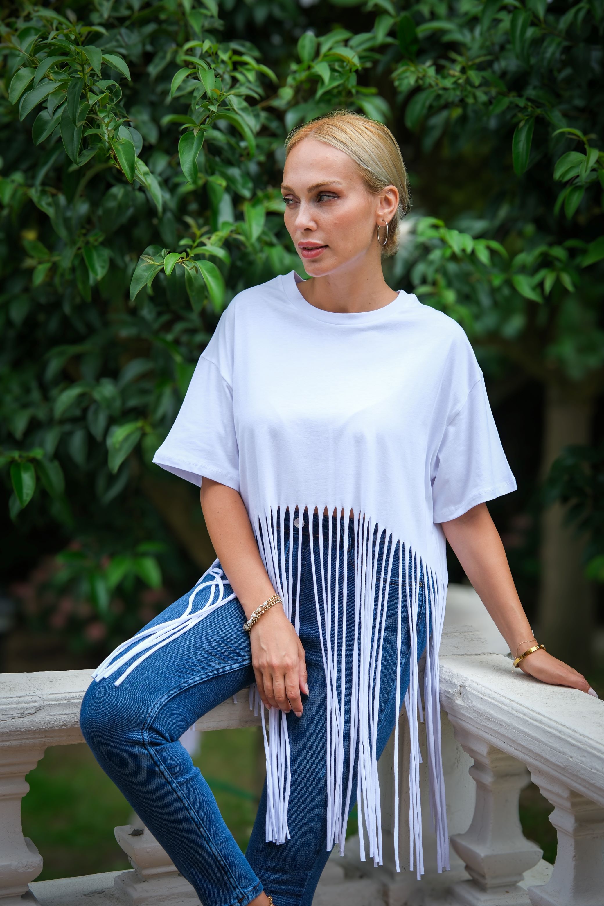 Tassel Crop T-Shirt Crew Neck White