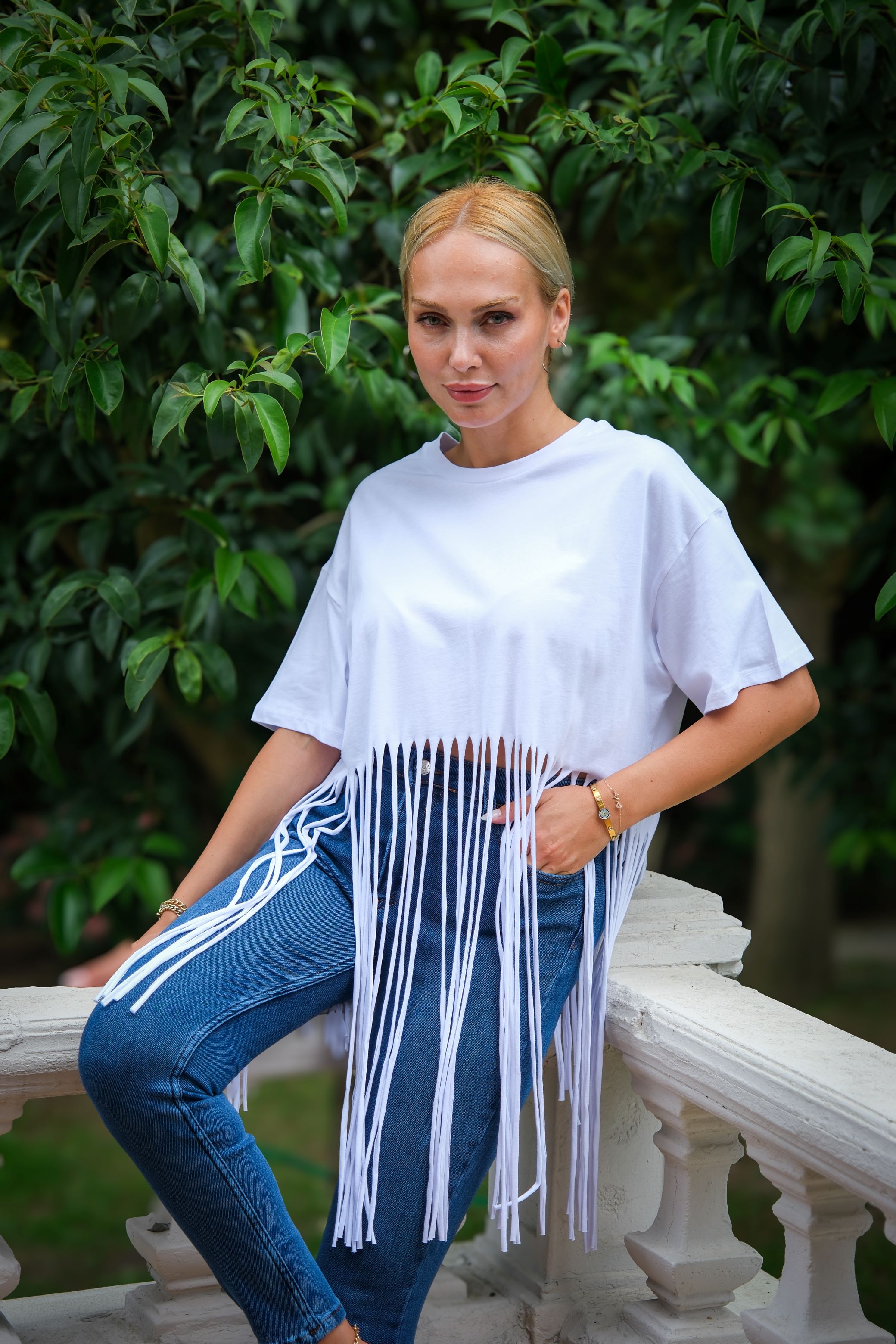 Tassel Crop T-Shirt Crew Neck White