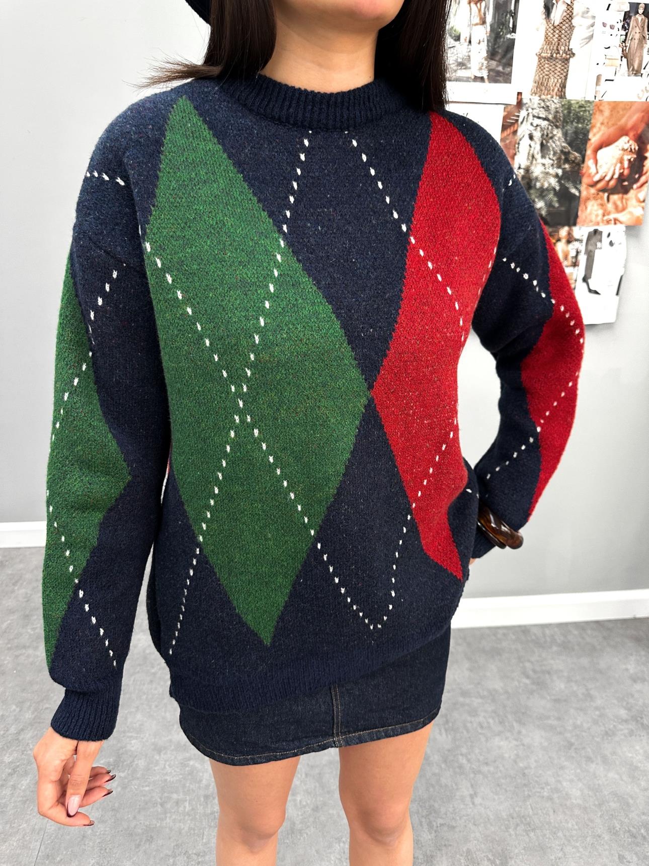 Navy Blue Diamond Patterned Sweater