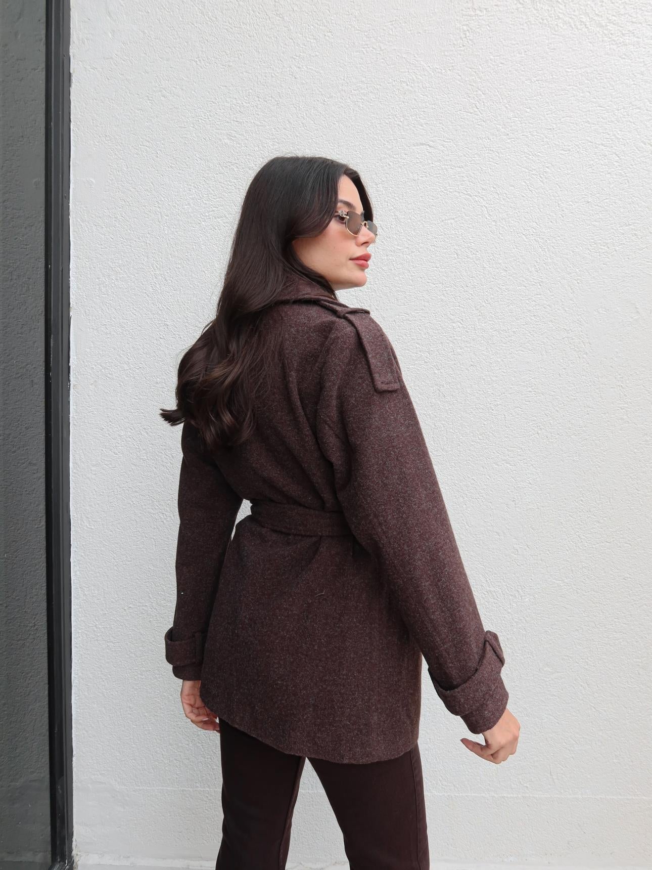 Short Cashmere Coat with Epaulette Tie