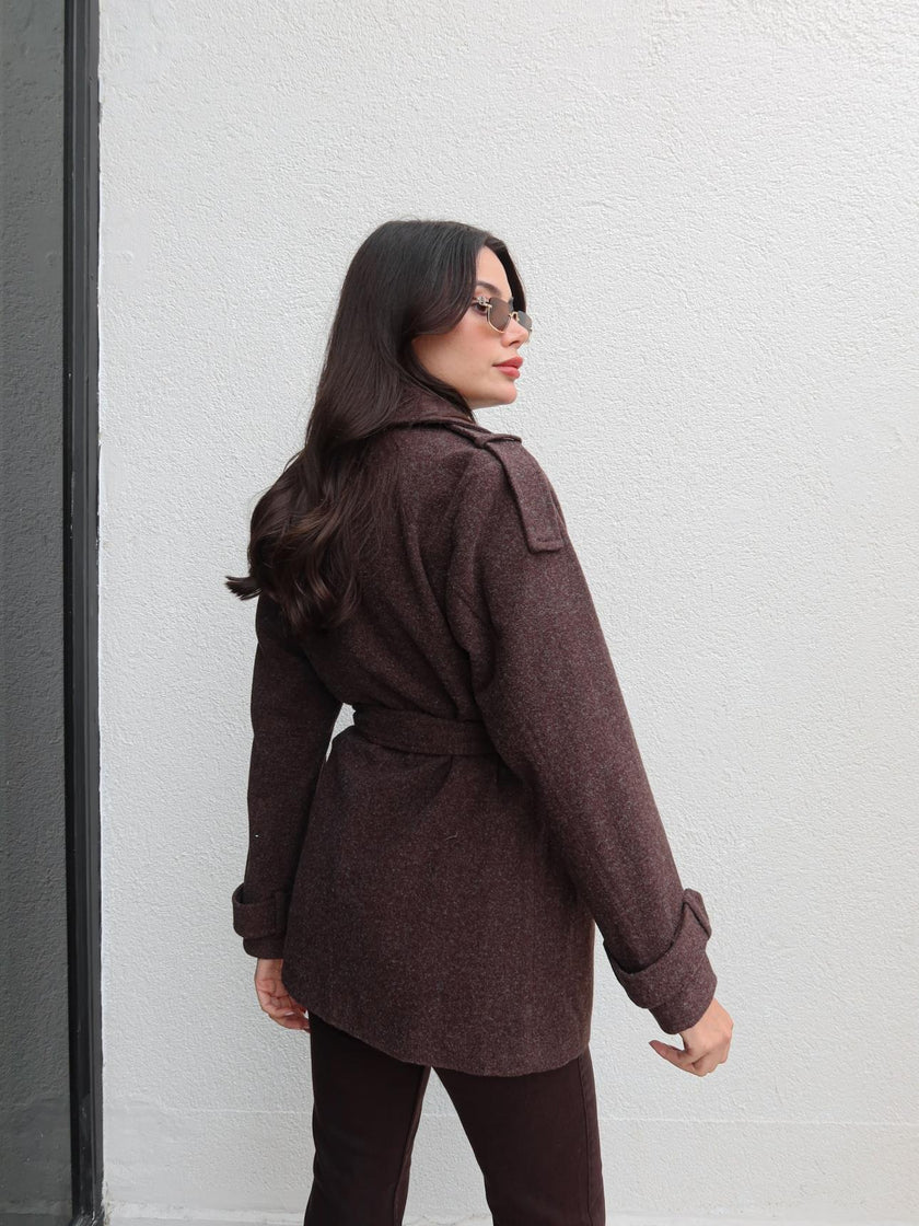 Short Cashmere Coat with Epaulette Tie