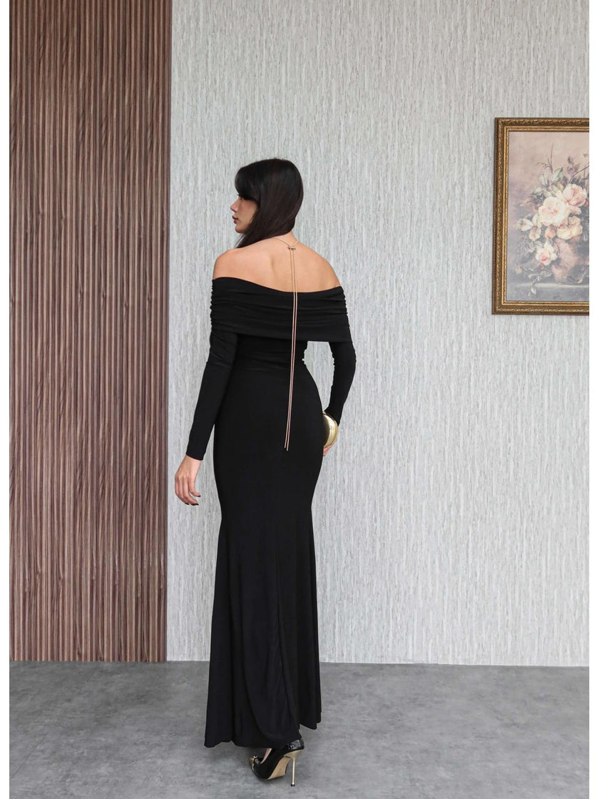Off-the-Shoulder Long Dress with Neck Accessory