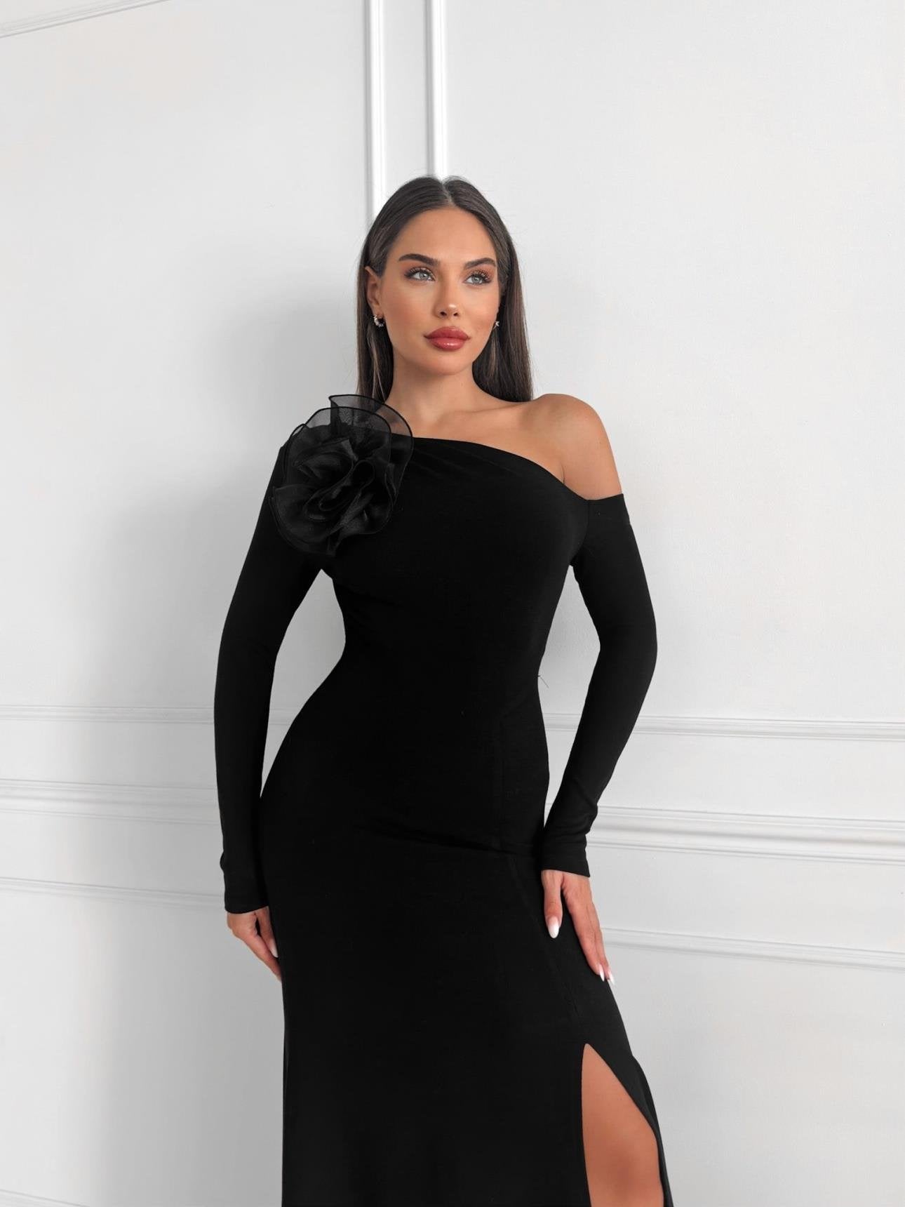 Rose Detail Low Shoulder Slit Dress