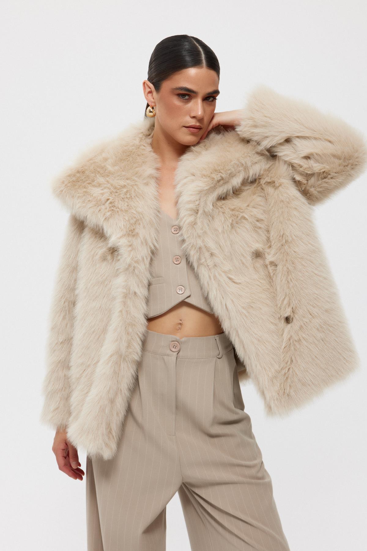 Beige Short Faux Fur Jacket