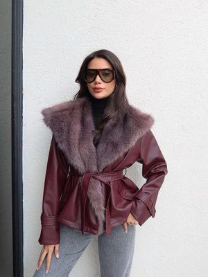 Fur-Collar Belted Leather Jacket