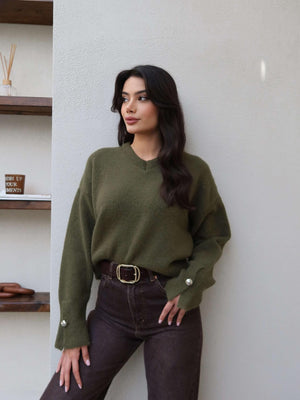 V-Neck Soft Sweater with Buttoned Sleeves