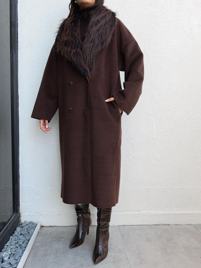 Fur Collar Button-Down Long Coat
