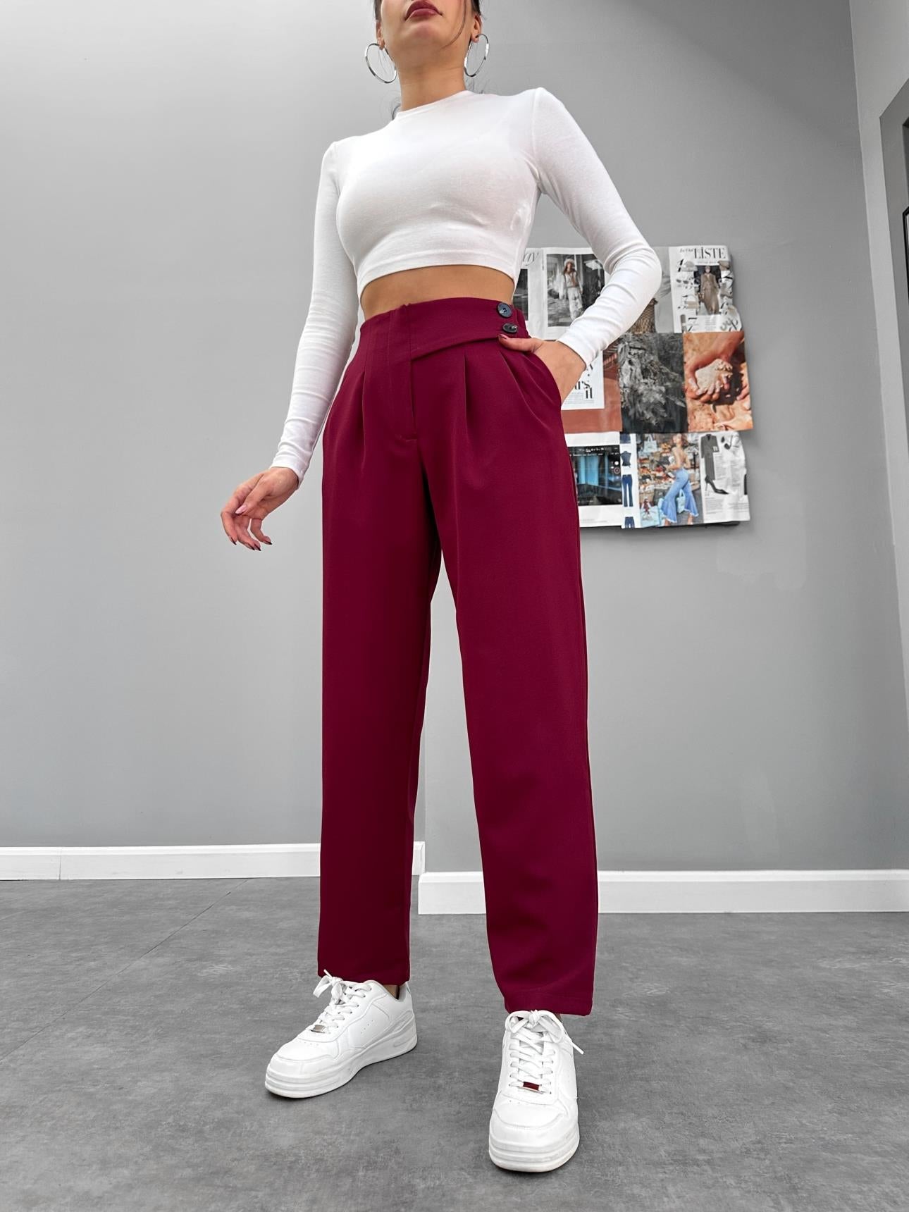 Burgundy Double Button Belt Detail Carrot Trousers