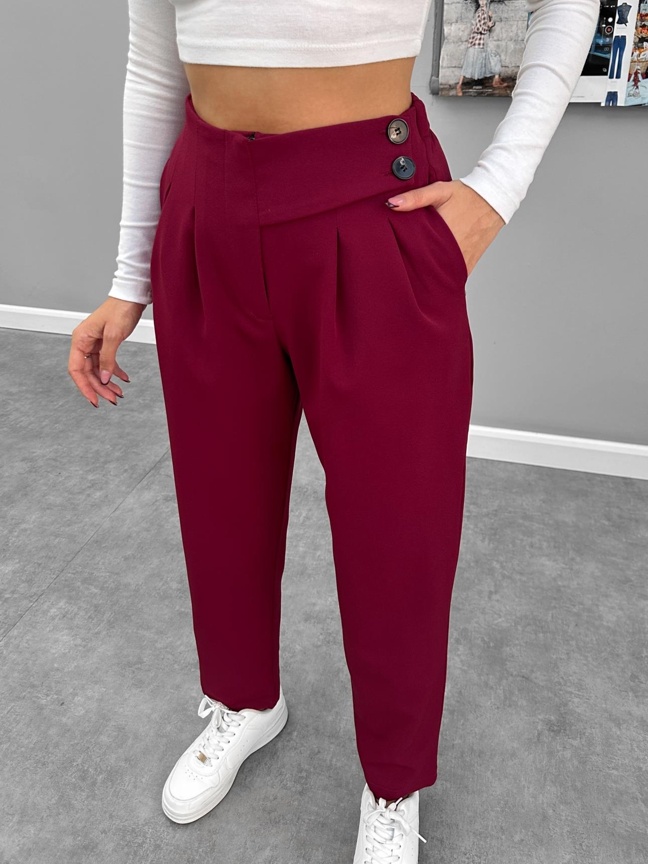 Burgundy Double Button Belt Detail Carrot Trousers