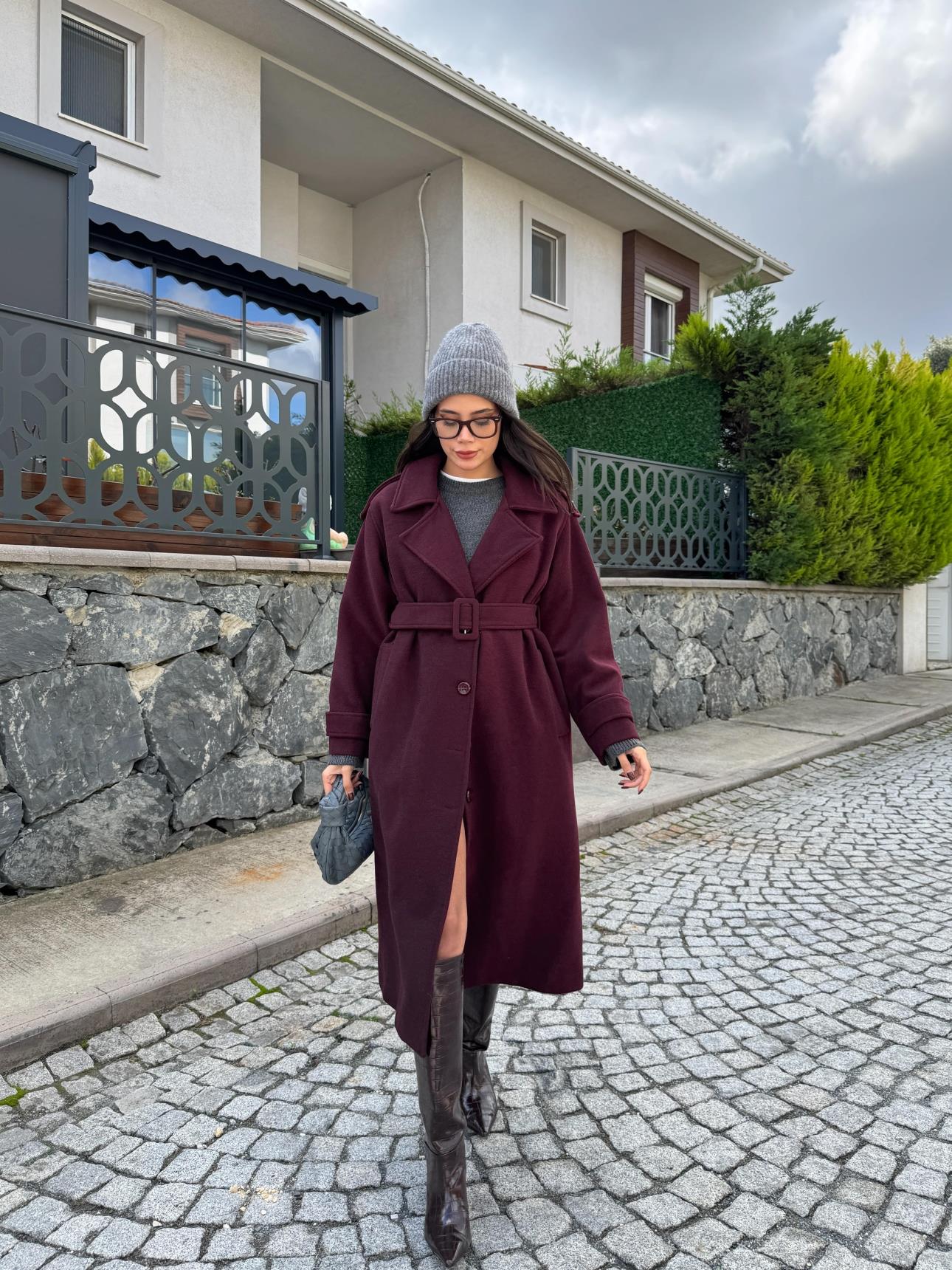 Burgundy Double Breasted Epaulette Cashmere Coat