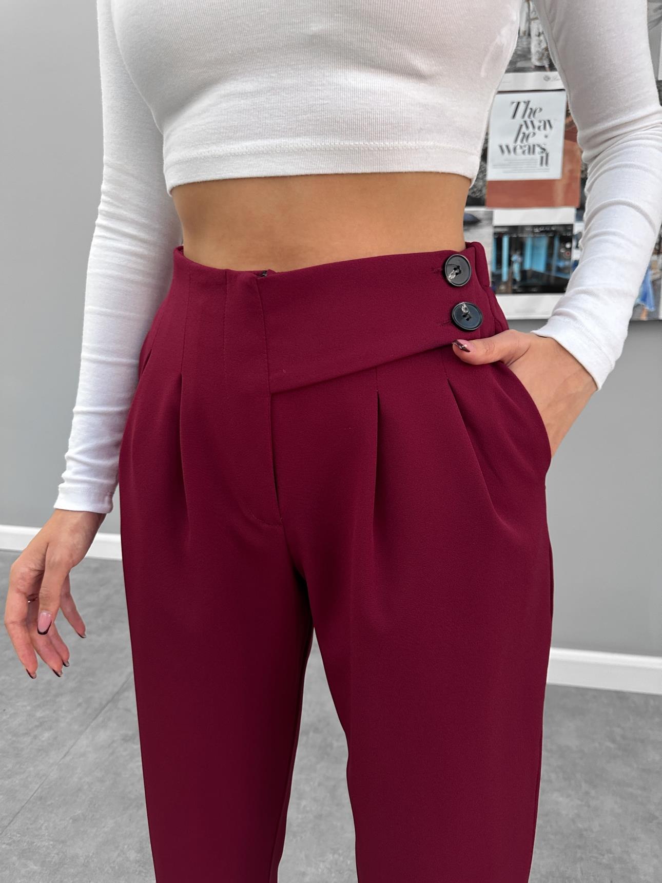 Burgundy Double Button Belt Detail Carrot Trousers