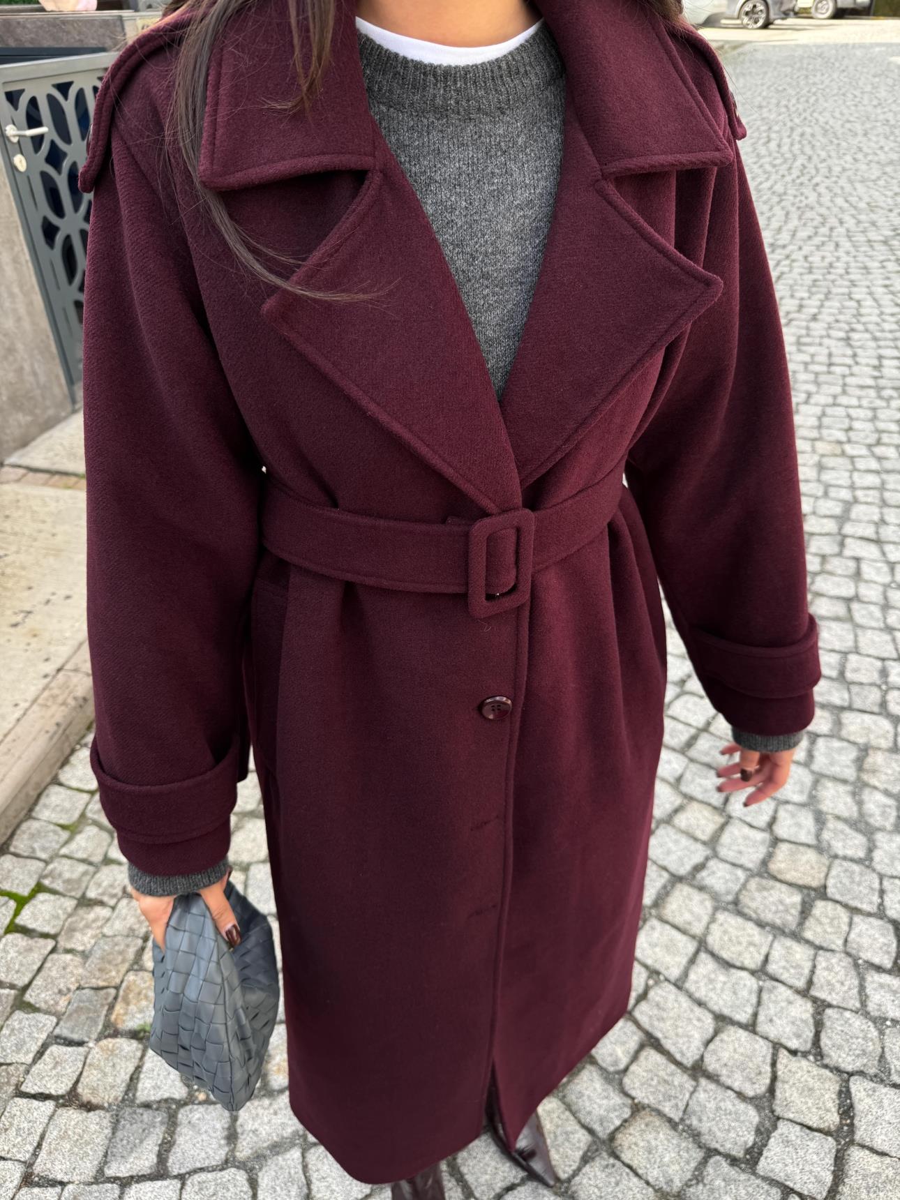 Burgundy Double Breasted Epaulette Cashmere Coat