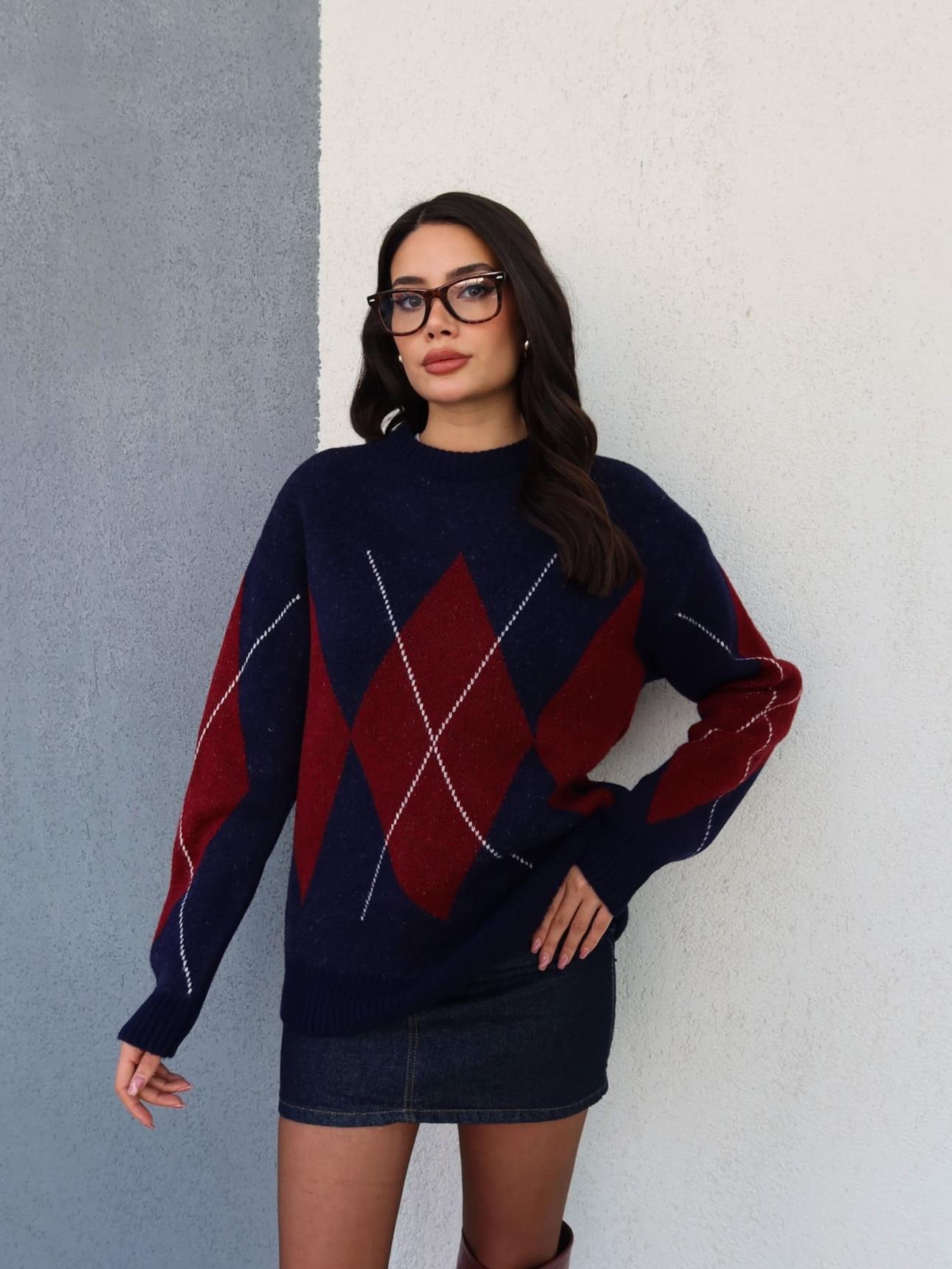 Navy Blue Burgundy Diamond Patterned Sweater