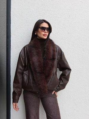 Fur Collar Elastic Waist Leather Jacket