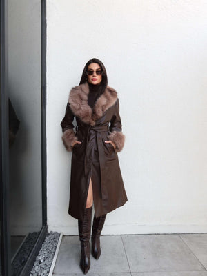 Fur Detail Belted Leather Trench Coat