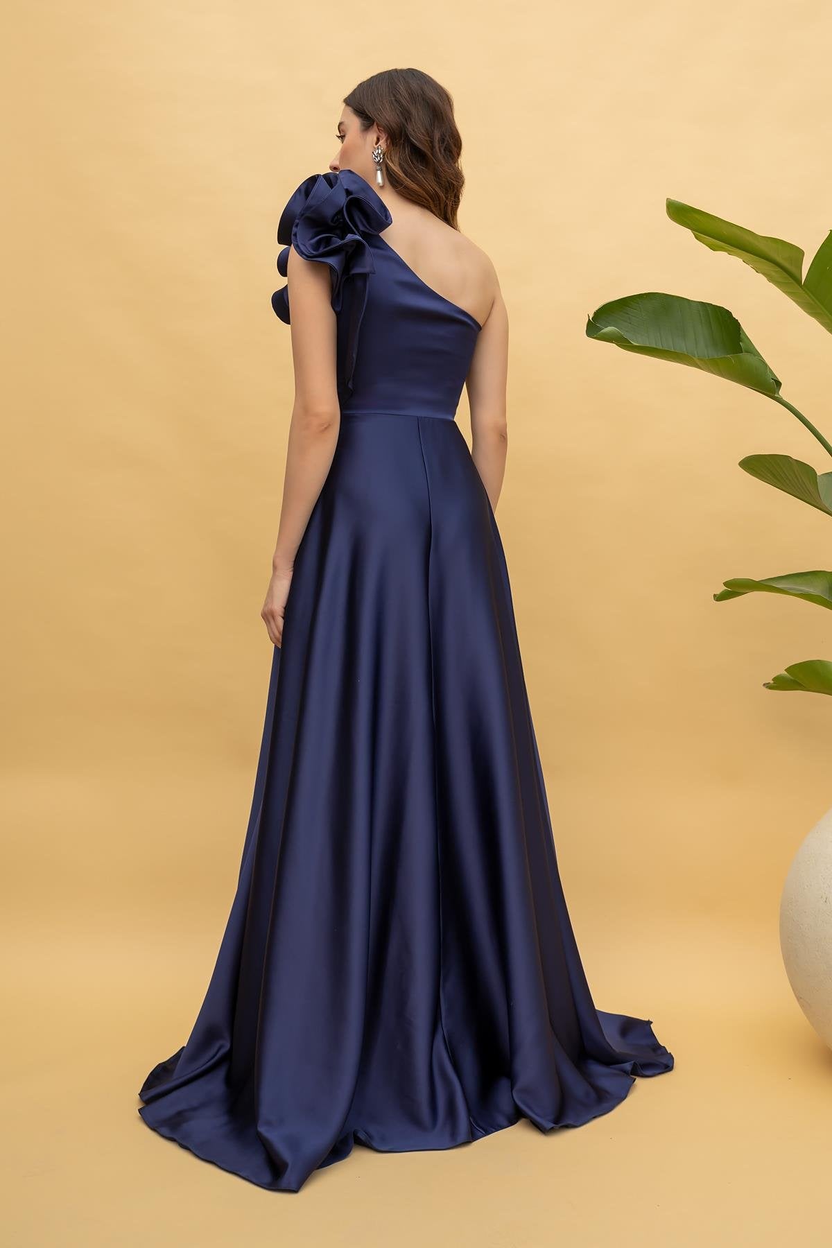 Shoulder Design Evening Dress - NAVY BLUE