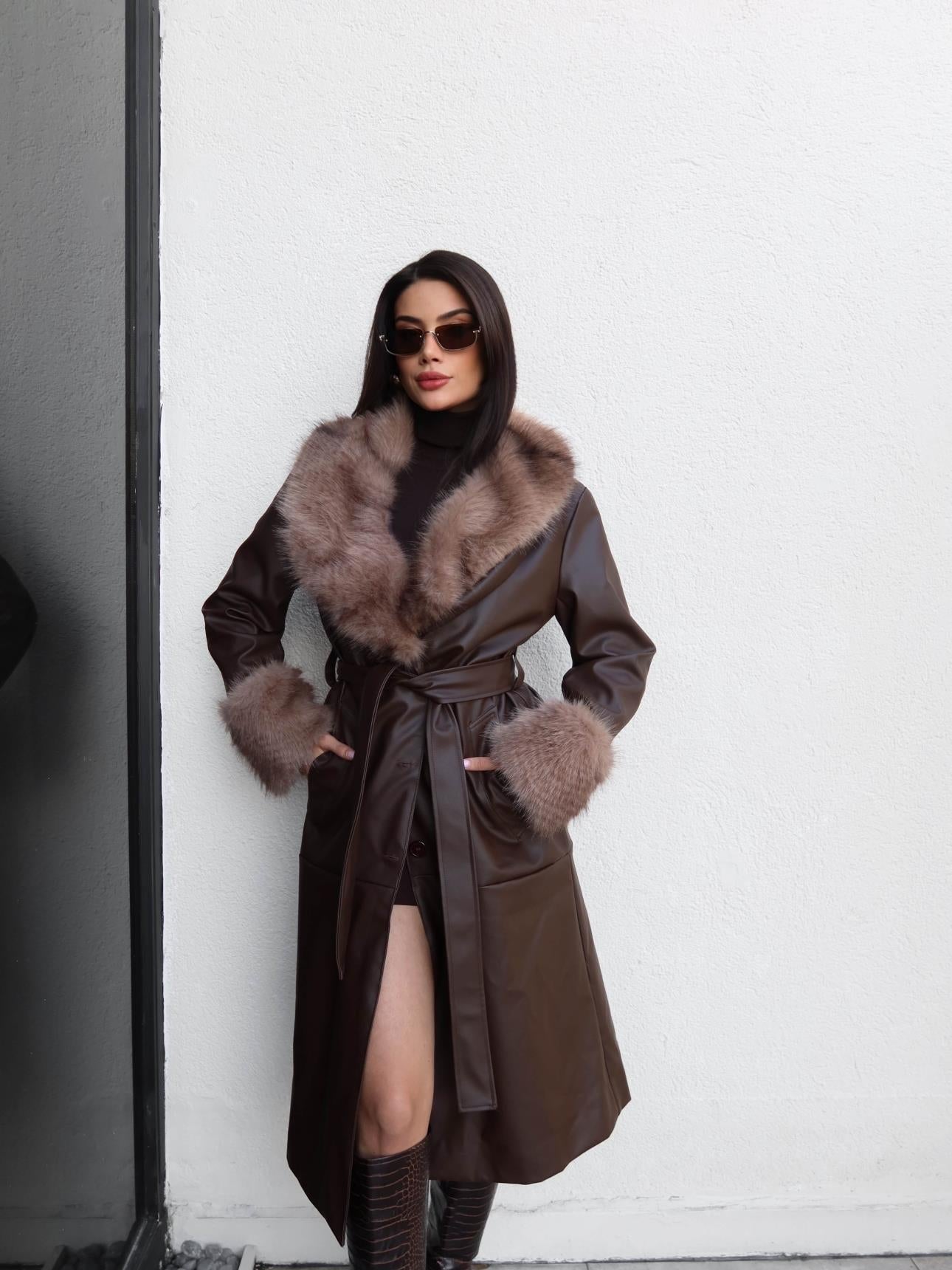 Fur Detail Belted Leather Trench Coat