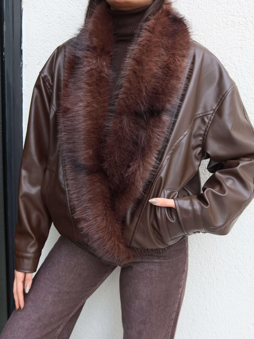 Fur Collar Elastic Waist Leather Jacket