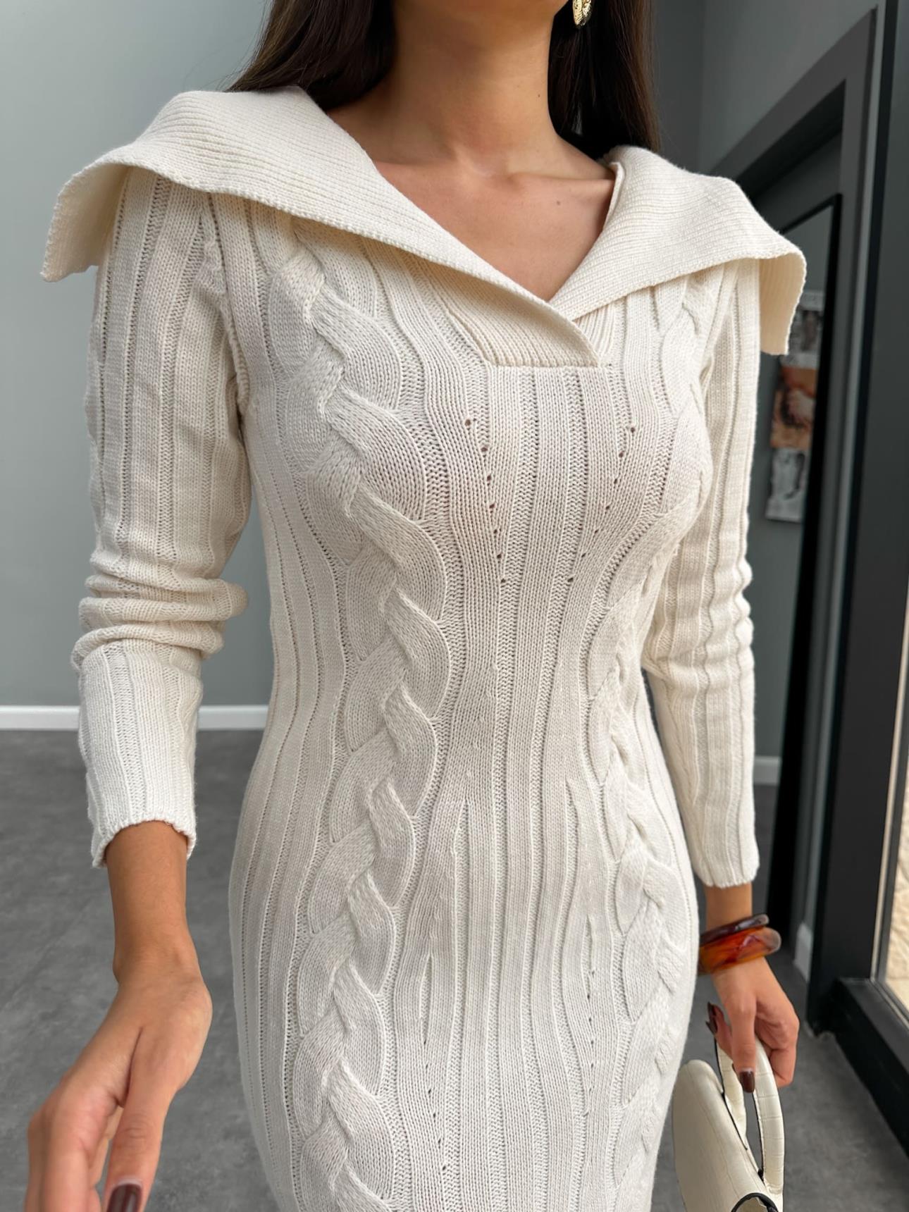 V Neck Knitted Pattern Knitted Dress