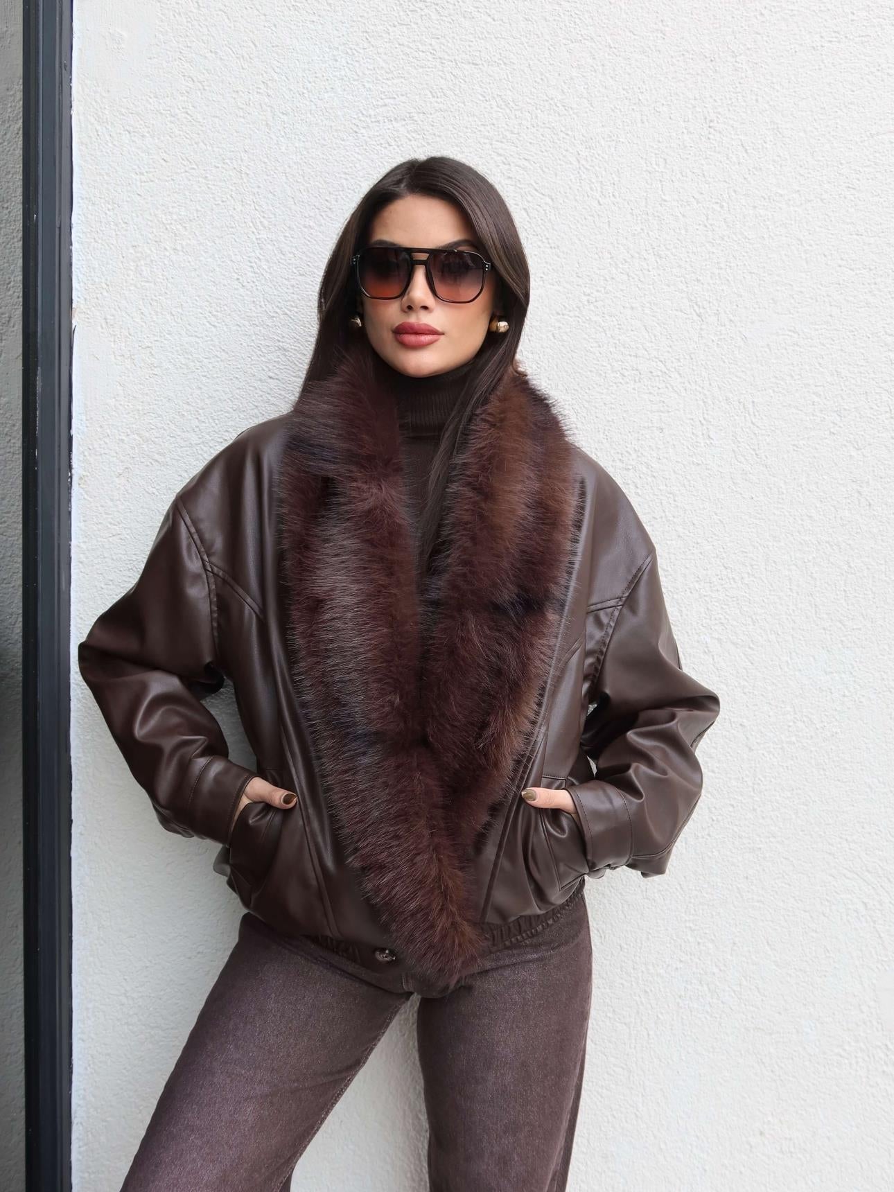 Fur Collar Elastic Waist Leather Jacket