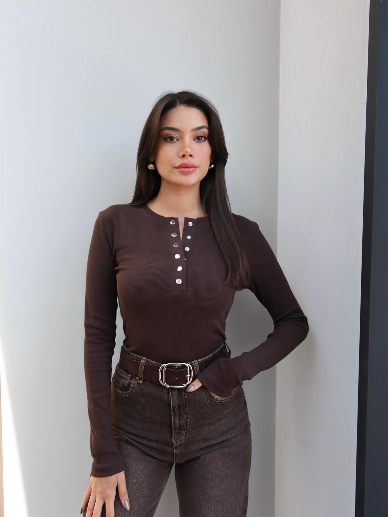 Ribbed Pattern Snap Blouse