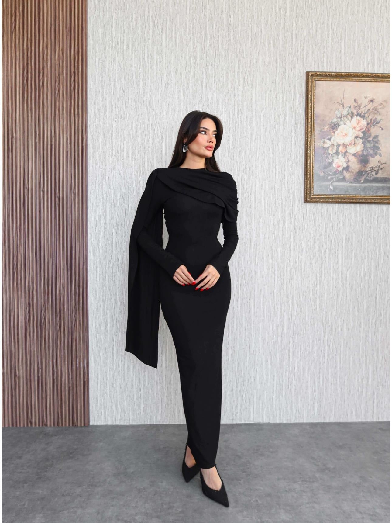 Shawl Collar Dress with Gathered Shoulders