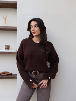 V-Neck Sleeveless Soft Sweater - Brown