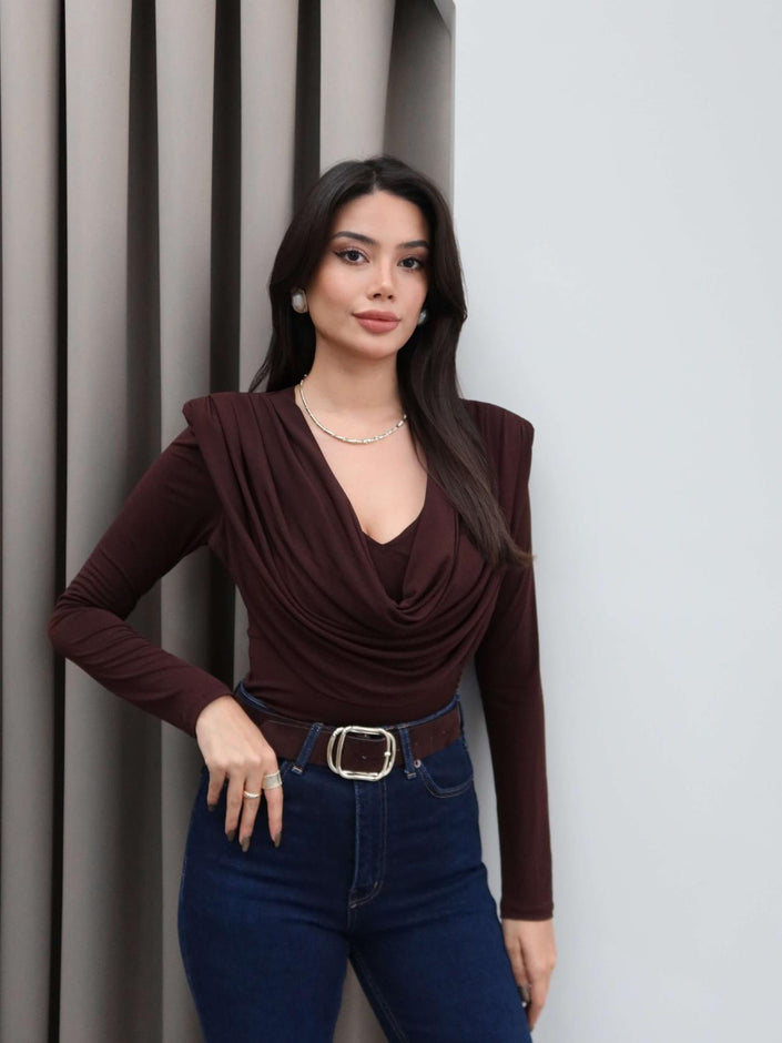 Draped Front Long Sleeve Blouse - Brown