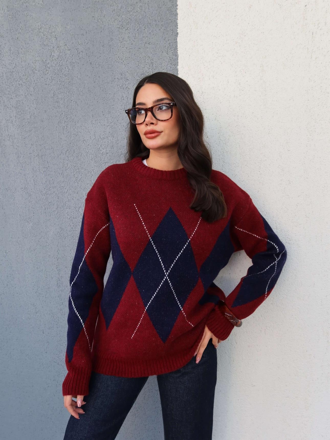 Claret Red Blue Diamond Patterned Sweater