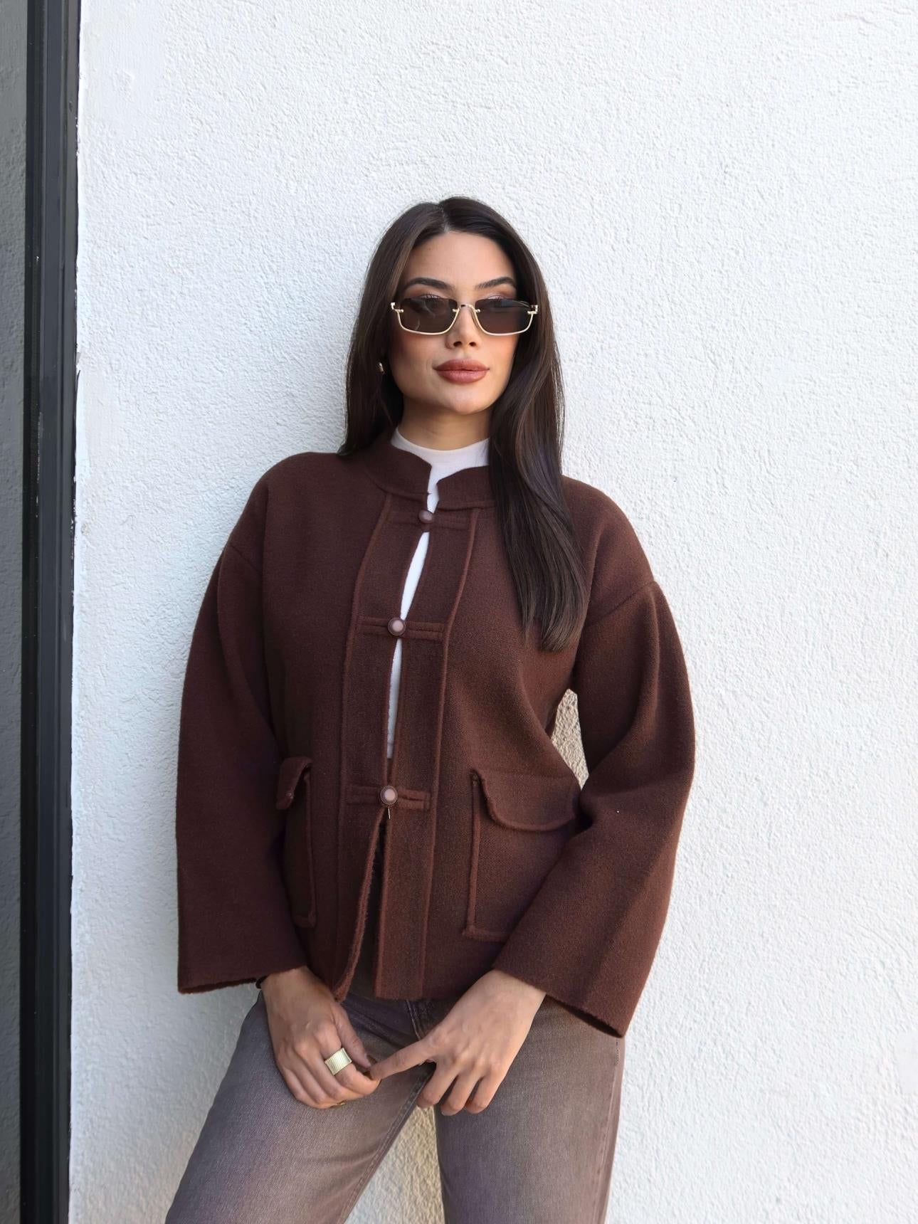 Stand-up Collar Knit Cardigan with Pockets