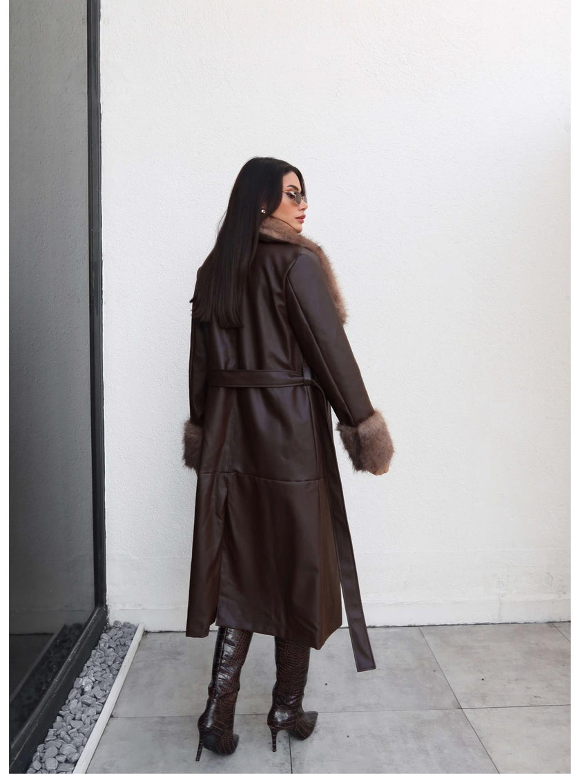 Fur Detail Belted Leather Trench Coat