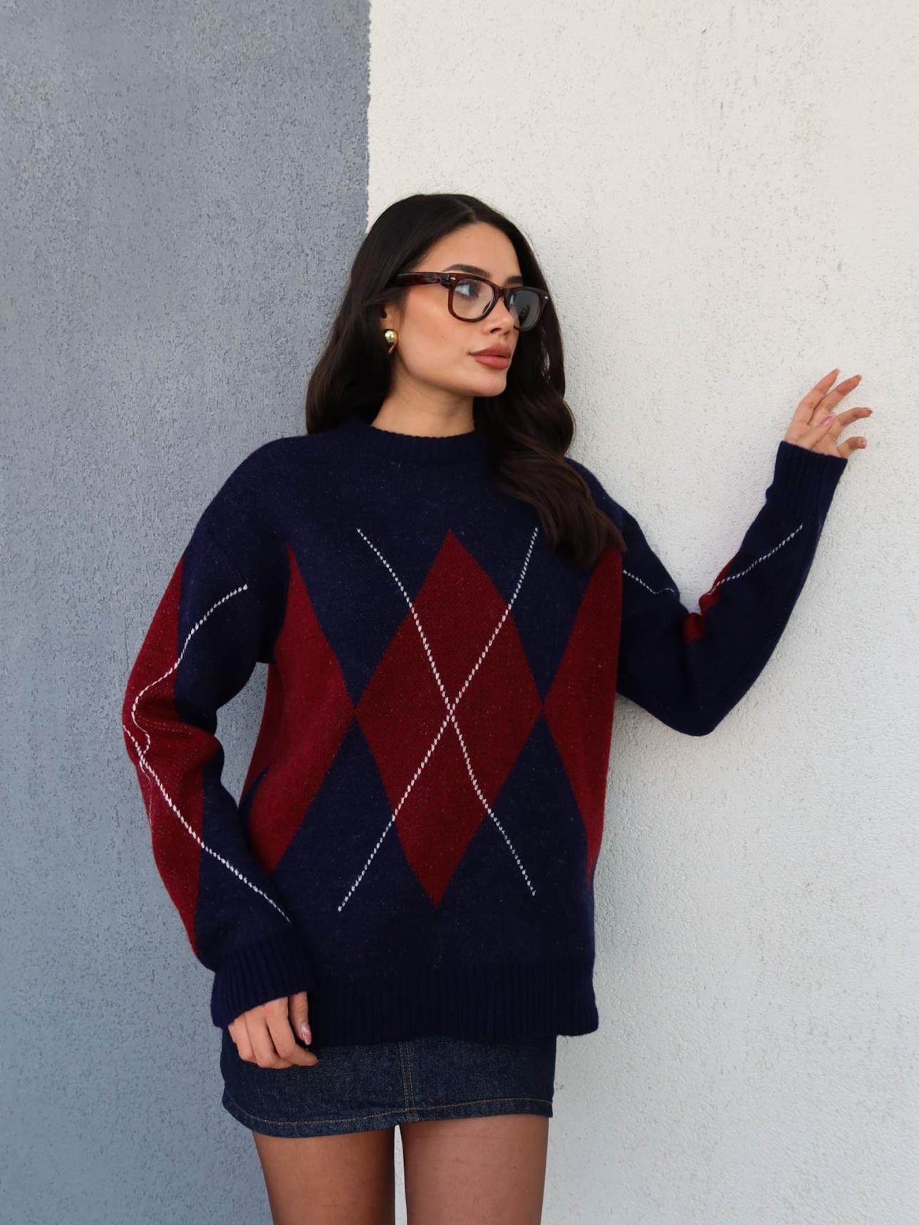 Navy Blue Burgundy Diamond Patterned Sweater