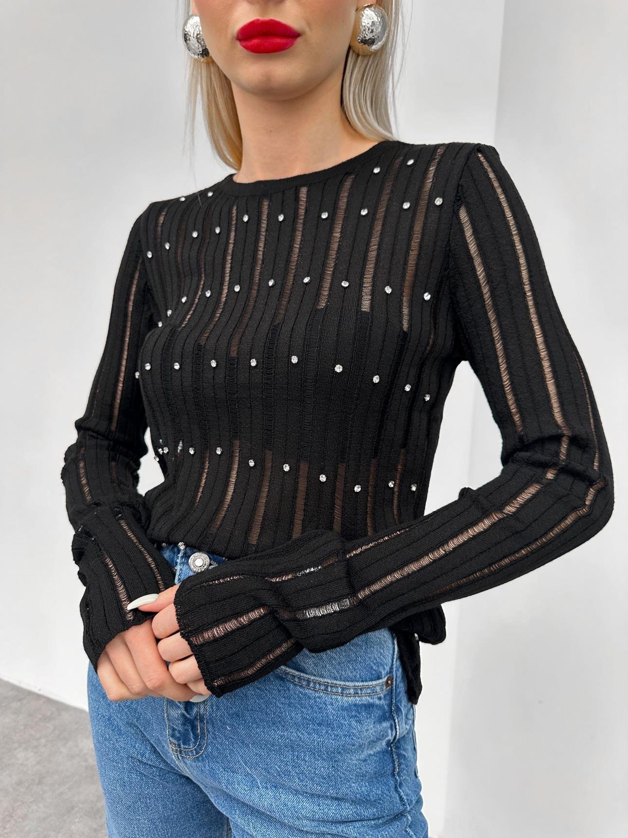 Black Stone Openwork Knitted Blouse