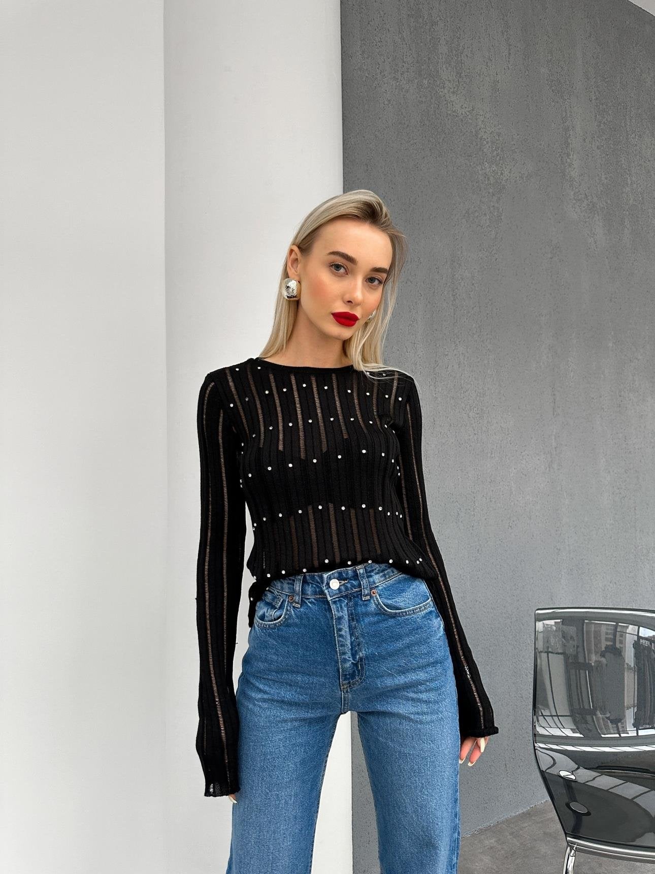 Black Stone Openwork Knitted Blouse