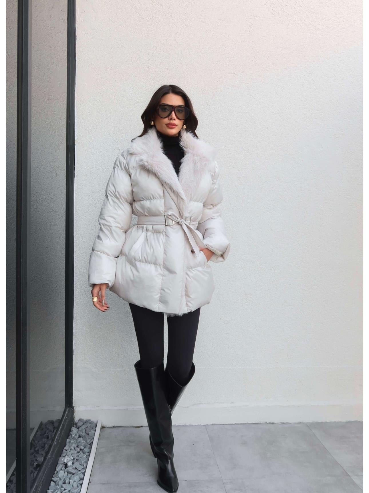 Fur Belted Puffer Jacket
