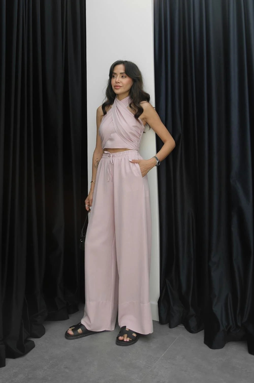 Pink Sims Neck Tie Linen Suit - PRE ORDER