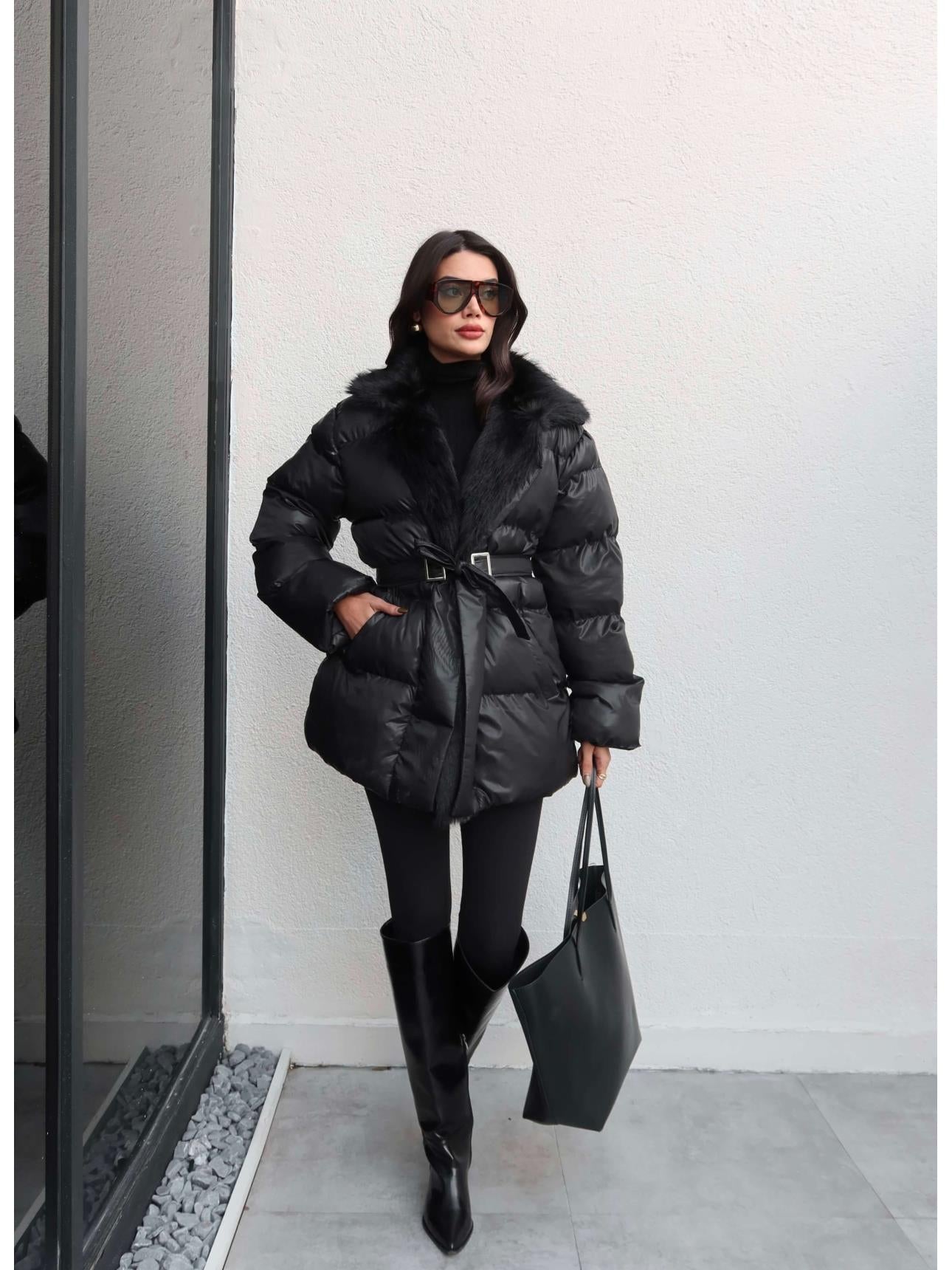 Fur Belted Puffer Jacket